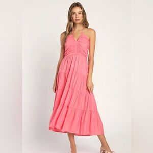Lulu's Chasing Sun Pink Tiered Keyhole Halter Midi Dress - XL